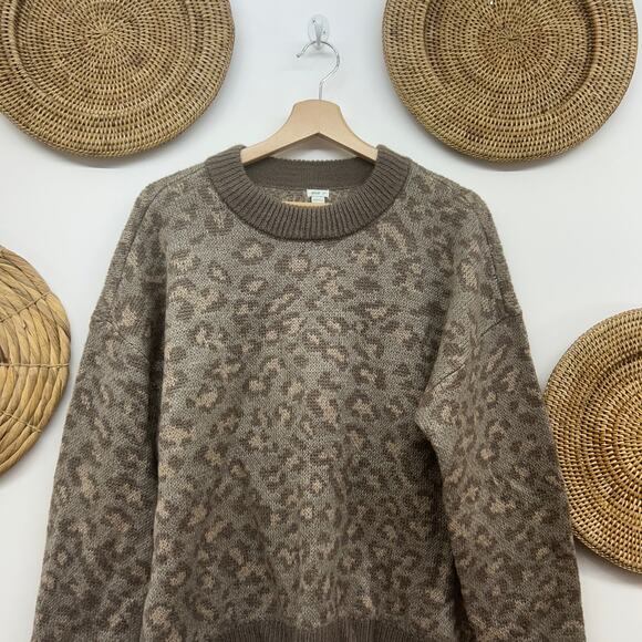 Aerie Brown Animal Leopard Print Oversized Crew Neck Knit Sweater Small Cozy - Picture 3 of 6